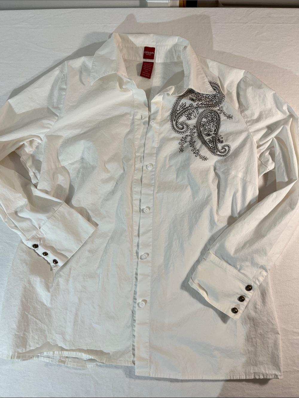 Olsen Europe White Embroidered Paisley Stretch Button Down Blouse Shirt